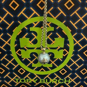 Tory Burch Gold and Silver Pearl Logo Charm Necklace